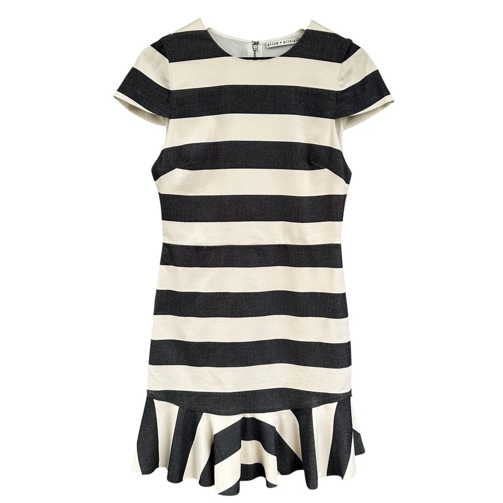 Alice + Olivia Fantine Ruffled Two Tone Stripe Lined Twill Mini Dress Size 8